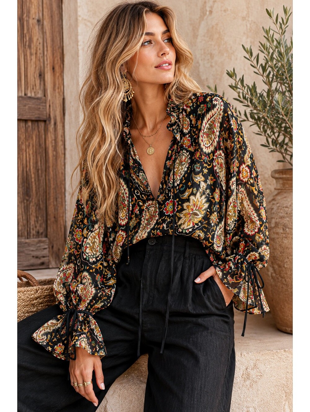 Zara Paisley Boho Peasant Blouse XS Romantic Ruffle Neck Tie Sleeve Top